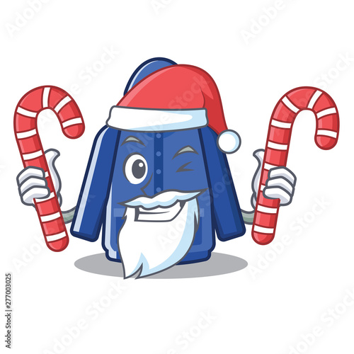 Santa with candy raincoat behind in the character door