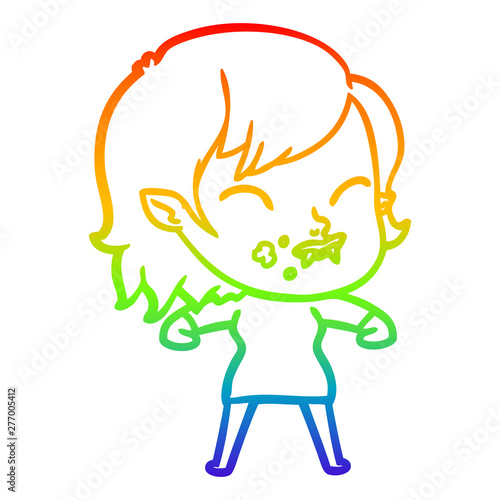 rainbow gradient line drawing cartoon vampire girl with blood on cheek