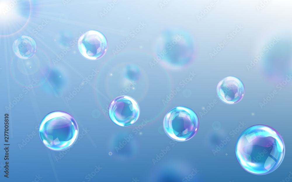 Soap bubbles blue background, realistic transparent air spheres of rainbow colors with reflections and highlights floating through air in rays of sunlight. Beautiful design element