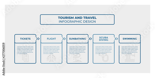 Tourism And Travel infographic design. Timeline with 5 steps, options, squares. Vector template