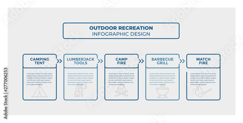 Outdoor Recreation infographic design. Timeline with 5 steps, options, squares. Vector template