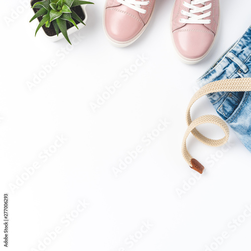 Women’s outfit with copyspace. Flat lay