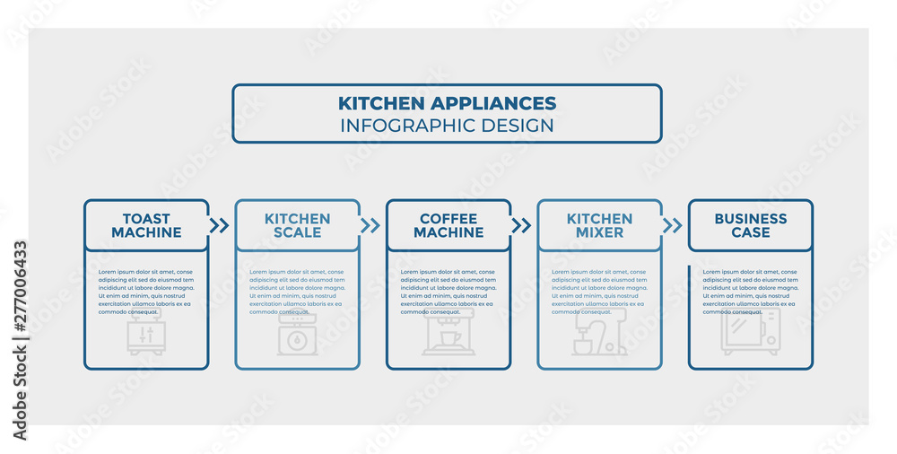 Kitchen Appliances infographic design. Timeline with 5 steps, options, squares. Vector template