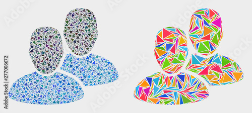 Users mosaic icon of triangle items which have different sizes and shapes and colors. Geometric abstract vector illustration of users.