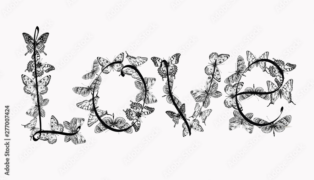 custom made wallpaper toronto digitalLove lettering design with butterflies. Hand drawing, vector illustration.