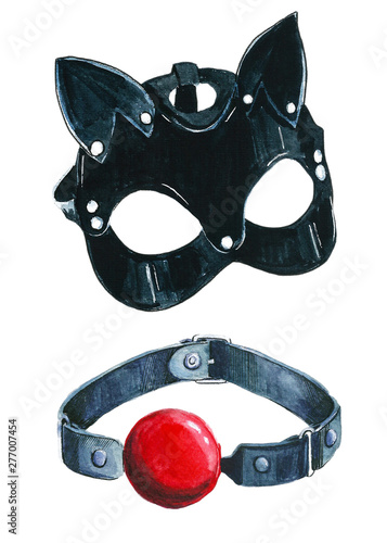 leather cat mask, gag with a red ball, bdsm set. watercolor illustration. games for adults