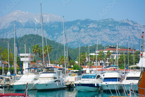 Yachts and ships in the port of Kemer, Sunny day,beautiful sea, Antalya, Turkey.