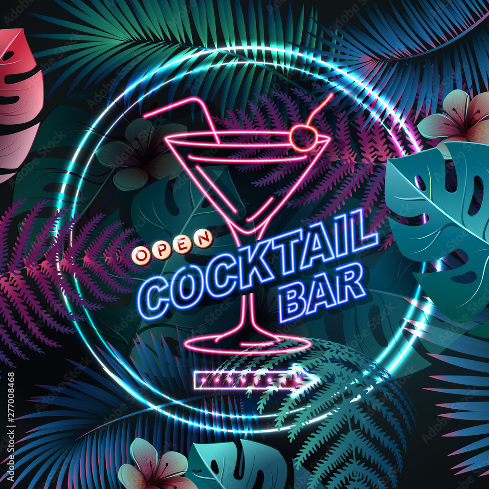 Neon sign cocktail bar on fluorescent tropic leaves background. Vintage electric signboard.