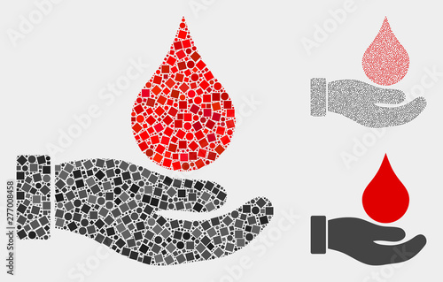 Mosaic Blood donation hand icon composed of circle and square items in random sizes, positions and proportions. Vector round and square spots are united into abstract mosaic blood donation hand icons.