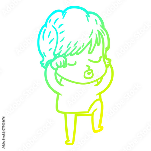 cold gradient line drawing cartoon woman with eyes shut