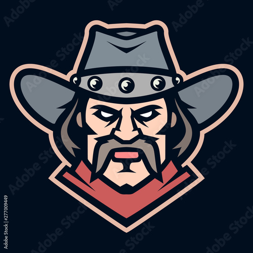 Professional logo cowboy, sport mascot, icon angry bandit. Vector illustration. Simple shape for design emblem, symbol, sign, badge, label, stamp.