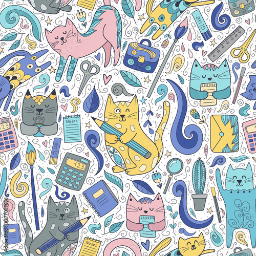 Cats and pens seamless pattern. Funny school background for children