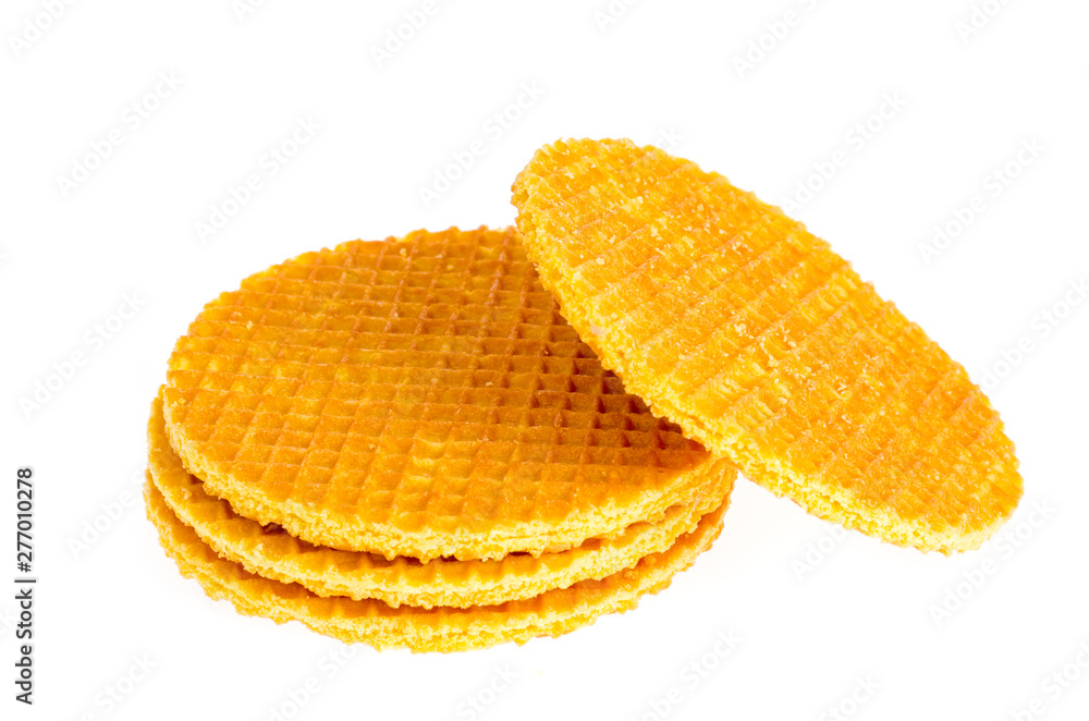 Crispy sweet waffle cookie on white background. Crispy sweet waffle cookie on white background.