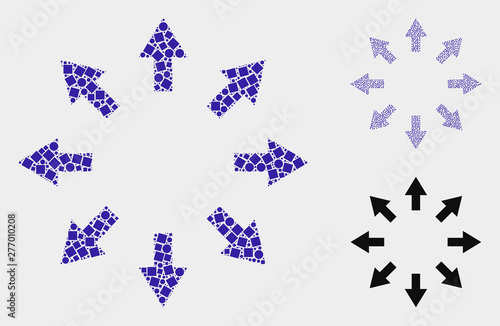 Mosaic Expand arrows icon constructed from round and square elements in variable sizes, positions and proportions.