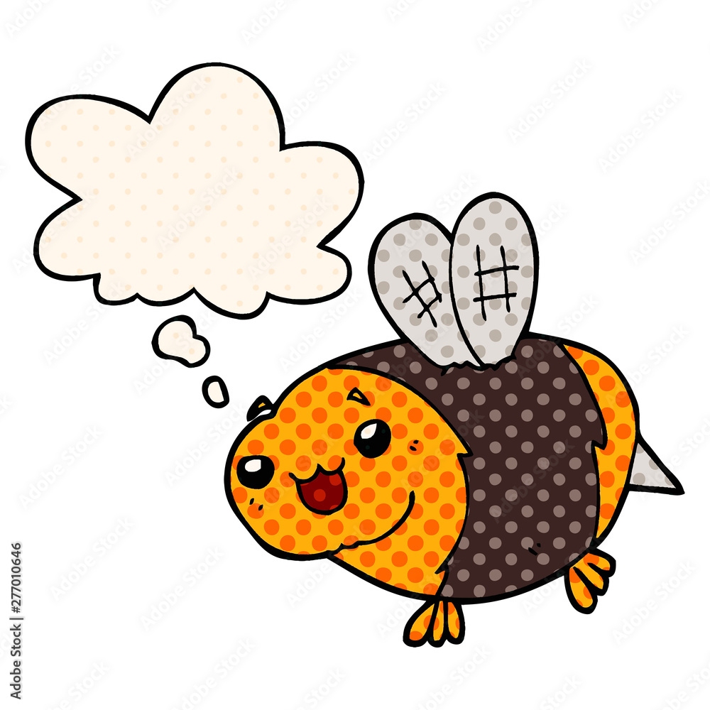 funny cartoon bee and thought bubble in comic book style