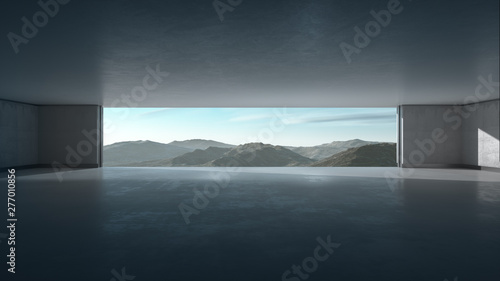 Empty abstract concrete interior with wide window and scenic mountain view. 3D illustration. 3D rendering. photo