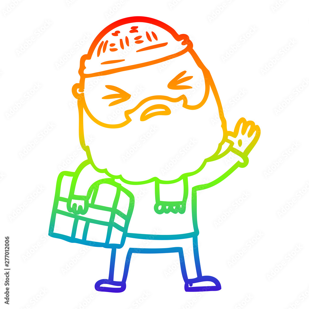 rainbow gradient line drawing cartoon man with beard