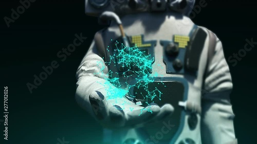 Astronaut in modern scaphandre holds connection dots, 3d render background, computer generated backdrop photo