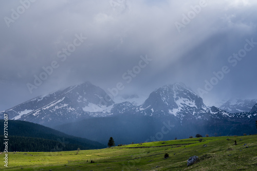 Montenegro, Dramatic sky of thunderstorm over alpine mountains nature landscape in durmitor national park near zabljak town