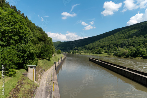 Barrage over the Neckar river along the long-distance hiking trail Neckarsteig in Germany