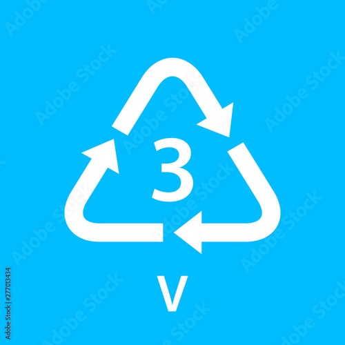recycle arrow triangle V types 3 isolated on blue background, symbology three type logo of plastic V materials, recycle triangle types icon graphic, recycle plastic ecology icon
