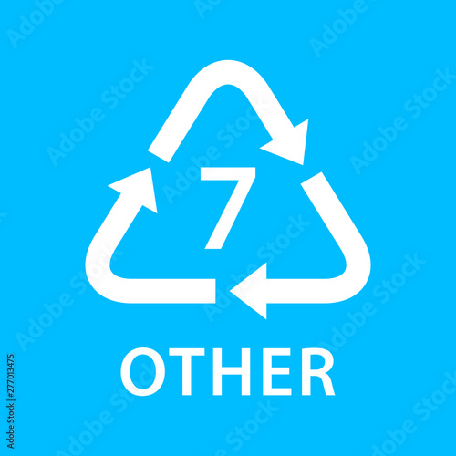 recycle arrow triangle OTHER types 7 isolated on blue background, symbology seven type logo of plastic OTHER materials, recycle triangle types icon graphic, recycle plastic ecology icon