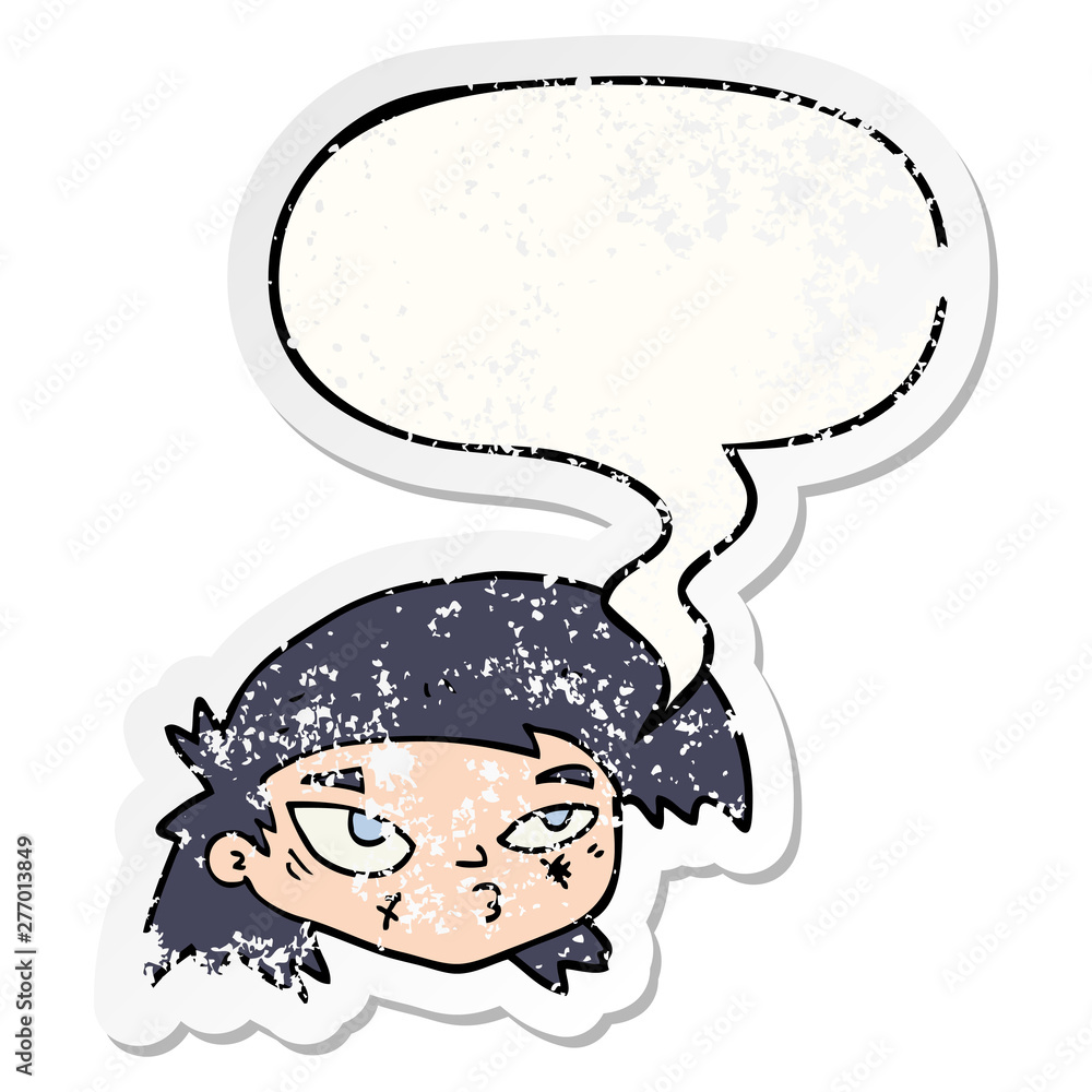 cartoon scratched up face and speech bubble distressed sticker cartoon scratched up face and speech bubble distressed sticker