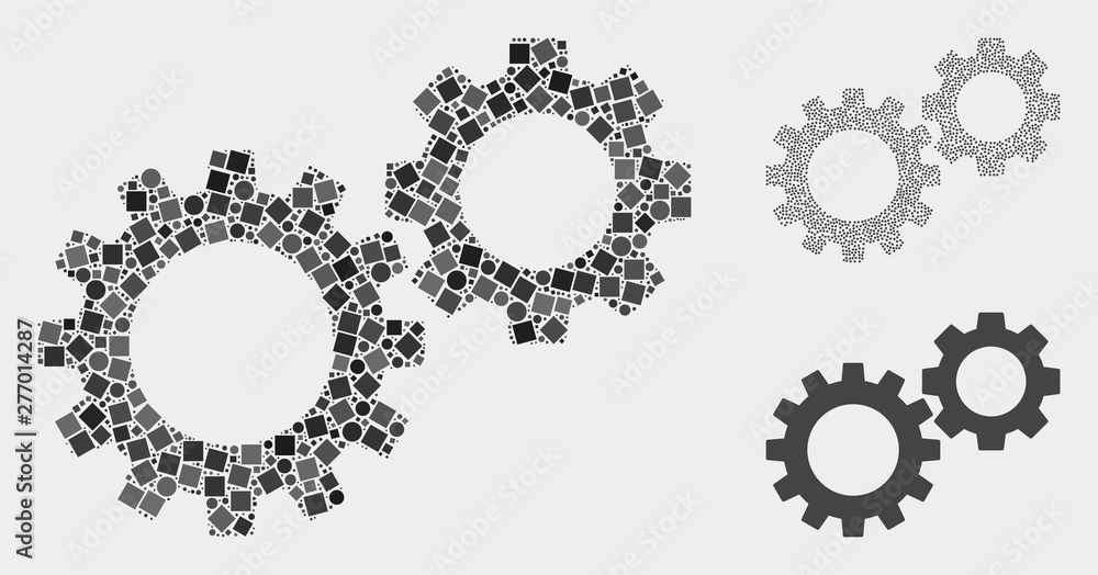 Mosaic Gearwheels icon composed of circle and square items in variable sizes, positions and proportions. Vector circle and square parts are organized into abstract composition gearwheels icons. Mosaic Gearwheels icon composed of circle and square items in variable sizes, positions and proportions. Vector circle and square parts are organized into abstract composition gearwheels icons.