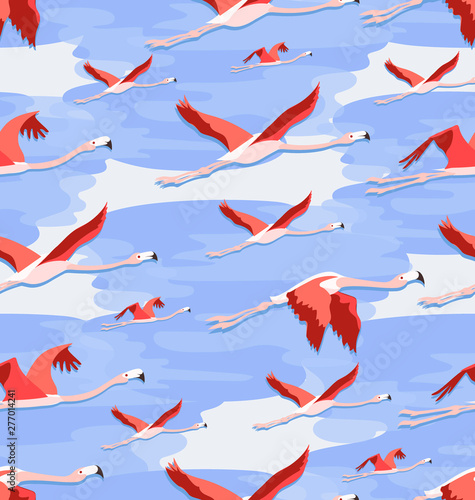 Flying flamingos among the clouds. Seamless pattern. The composition can be used for environmental backgrounds, thematic sites, textiles. © velishchuknatali