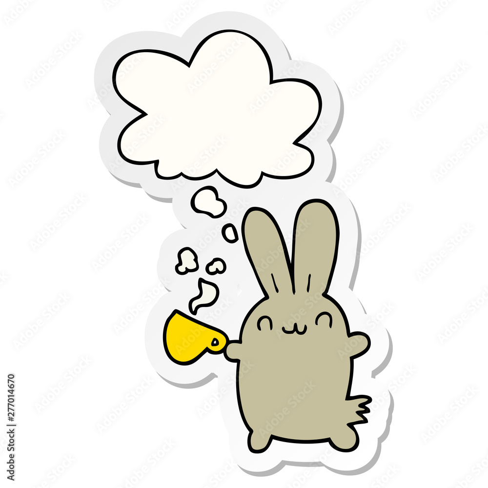 cute cartoon rabbit drinking coffee and thought bubble as a printed sticker cute cartoon rabbit drinking coffee and thought bubble as a printed sticker