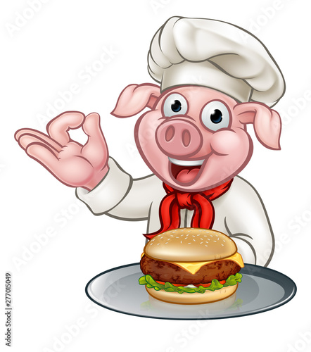A pig chef holding a cheese burger or hamburger on a plate cartoon character