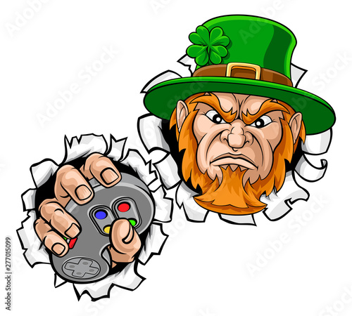 A mean leprechaun esports gamer mascot holding a video games controller