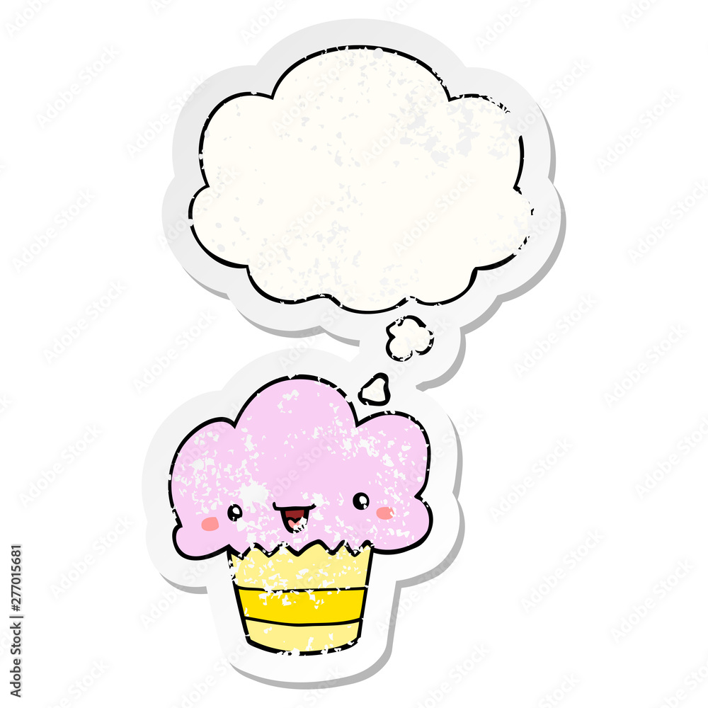 cartoon cupcake with face and thought bubble as a distressed worn sticker cartoon cupcake with face and thought bubble as a distressed worn sticker