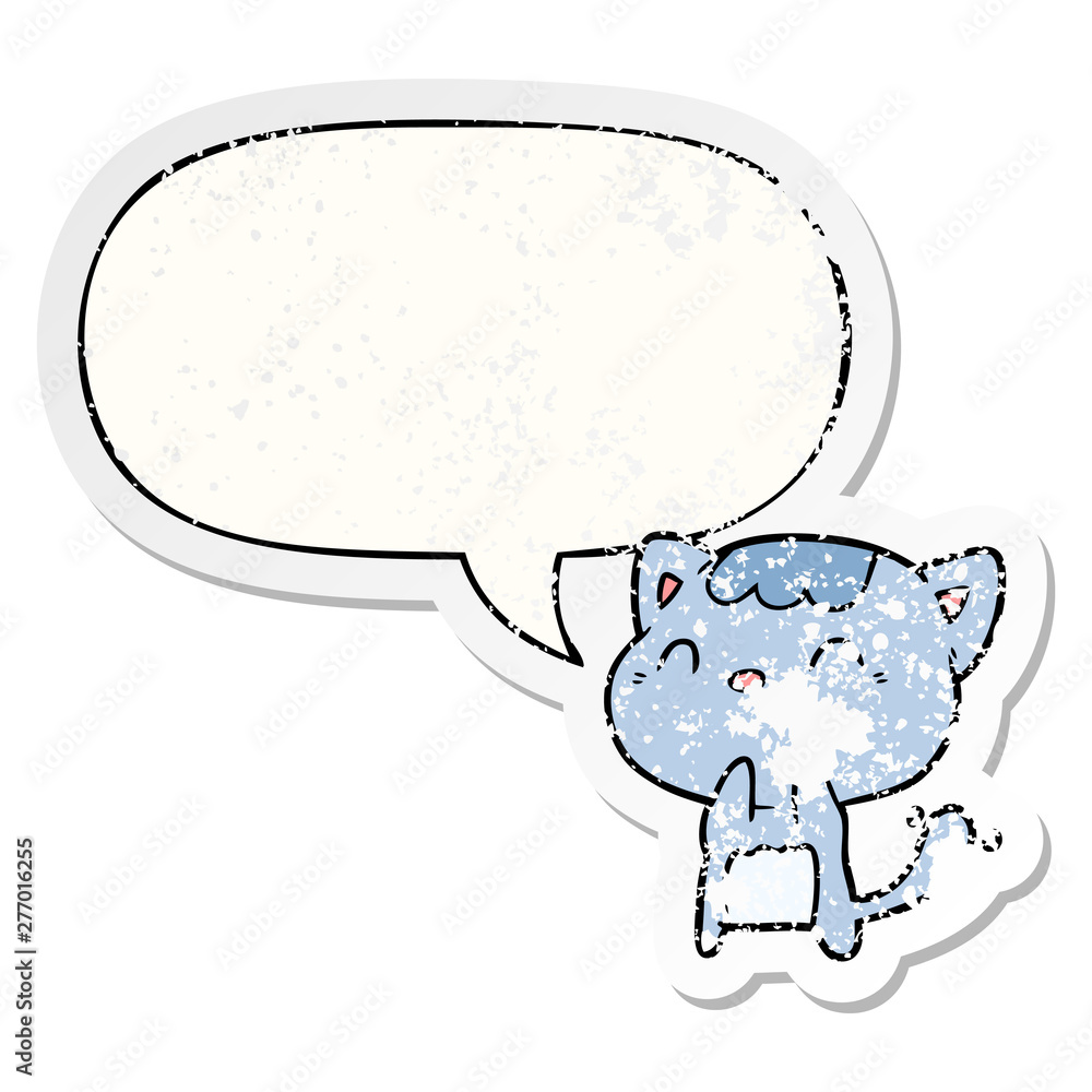 cute cartoon happy little cat and speech bubble distressed sticker cute cartoon happy little cat and speech bubble distressed sticker