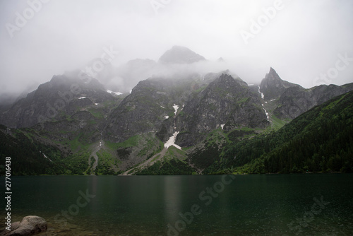 View on Tatra mountains from Morskie Oko, Poland, heavy fog