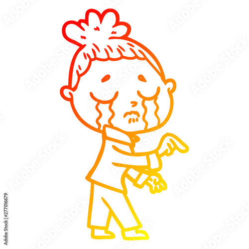 warm gradient line drawing cartoon crying woman pointing