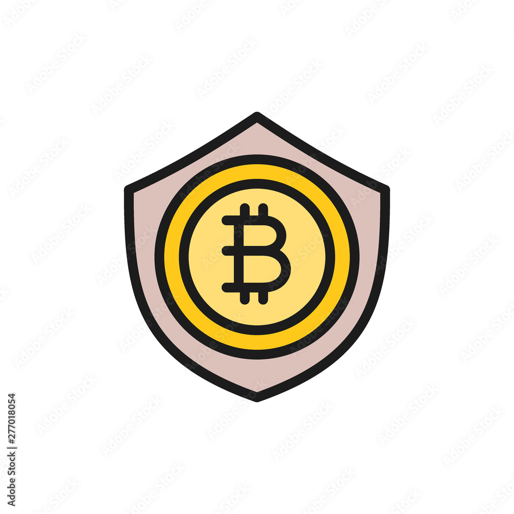 Bitcoin coin with shield, protection, blockchain flat color icon. Bitcoin coin with shield, protection, blockchain flat color icon.