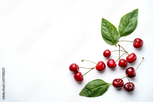 Summertime banner with ripe sweet cherries, culinary blog design. Creative summer idea, food background
