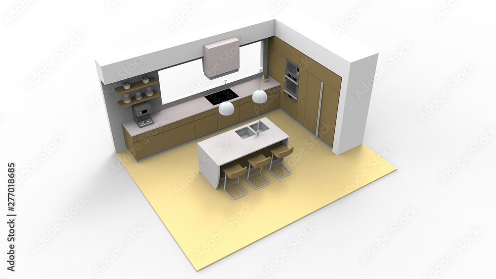 3d rendering of a showcase kitchen isolated in white studio background