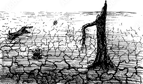 vector illustration of a exhausted land and  dried tree. Hand drawn picture. problems of ecology.  Drought.
