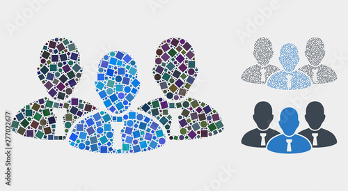 Mosaic Manager group icon organized from round and square elements in various sizes, positions and proportions. Vector round and square elements are grouped into abstract puzzle manager group icons.