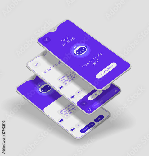 Chatbot mobile application screen mockup with 3d smartphone mockups