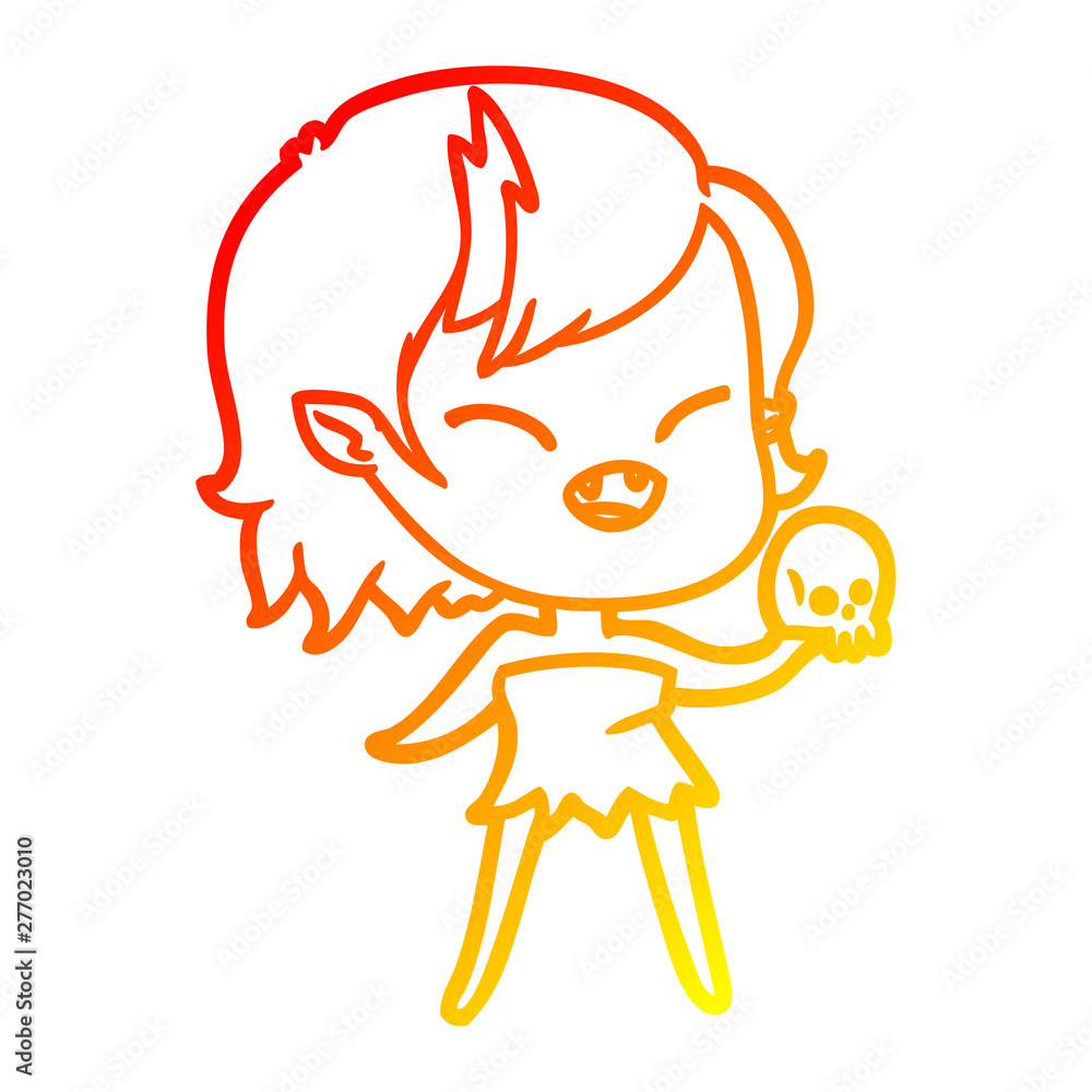 warm gradient line drawing cartoon laughing vampire girl with skull