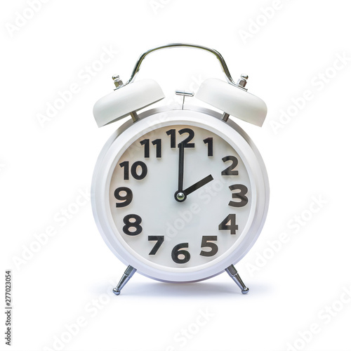 White alarm clock at two 2 o'clock isolated on white background (clipping path)