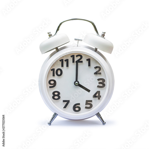 White alarm clock at 4 four o'clock isolated on white background (clipping path)
