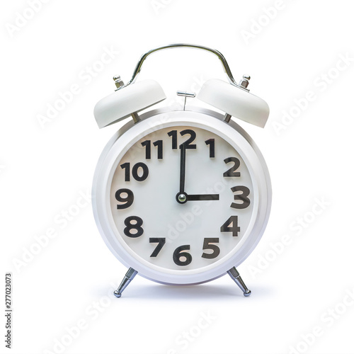 White alarm clock at 3 three o'clock isolated on white background (clipping path):