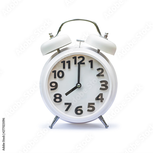 White alarm clock at 8 eight o'clock isolated on white background (clipping path):