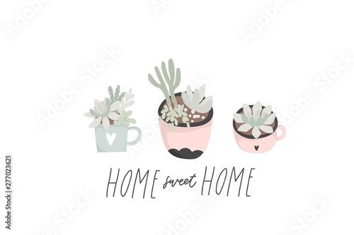 Cute hand drawn  illustration with cacti  succulent and lettering isolated on white. Pretty and soft pastel colors. Vector illustration