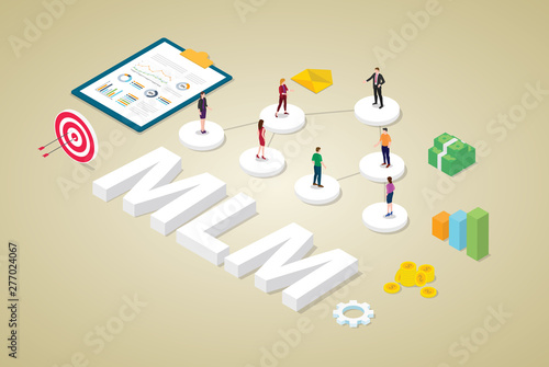 multi-level marketing business concept with team people scheme binary tree concept with money and isometric modern flat style - vector