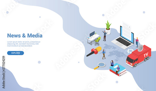 news and media concept template with tv van and news anchor mic with modern isometric for website template or landing homepage - vector